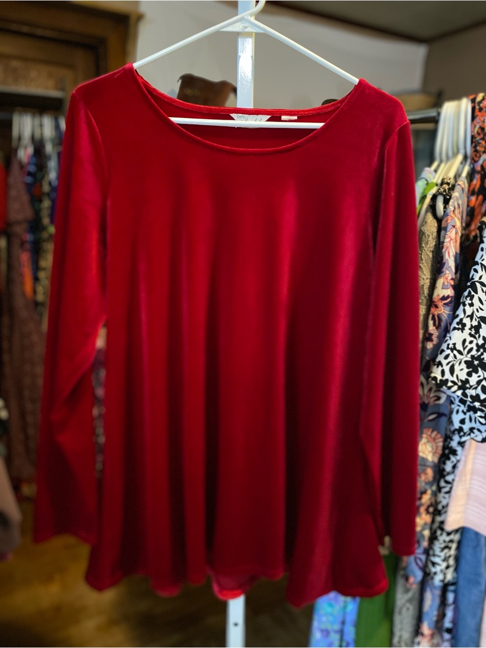 Women's Red Velour Long-Sleeve Swing Blouse